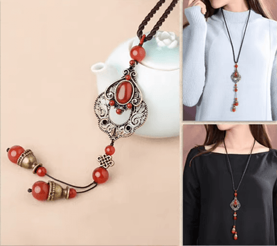 Retro Red Agate Ethnic Style Long Necklace