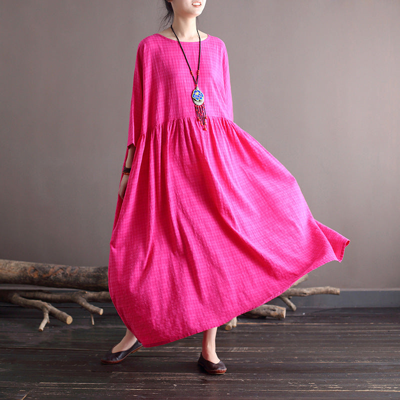 Round Neck Plaid Loose Cotton Midi Dress – Babakud