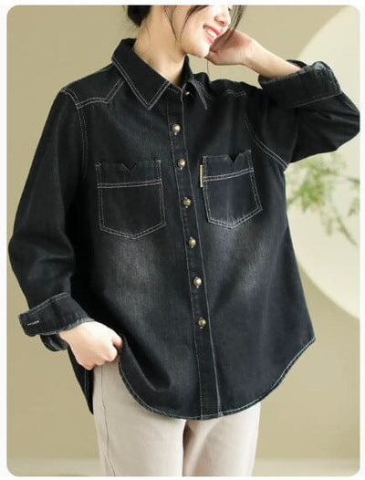 Spring Casual Long Sleeve Denim Blouse Jan 2024 New Arrival Black One Size 