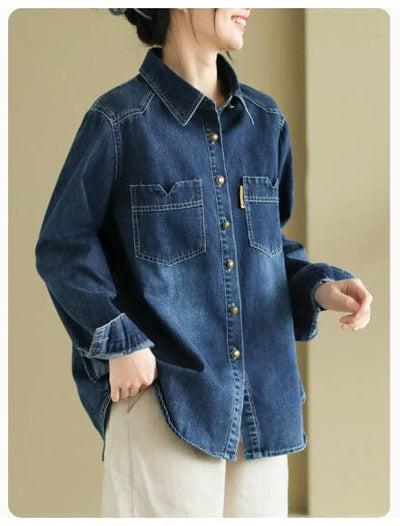 Spring Casual Long Sleeve Denim Blouse Jan 2024 New Arrival Blue One Size 