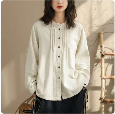 Spring Casual Retro Loose Cotton Blouse Jan 2024 New Arrival Beige One Size 