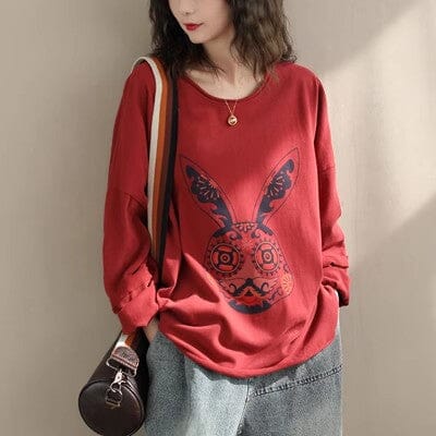Spring Fashion Loose Casual Cotton Long Sleeve T-Shirt Jan 2024 New Arrival One Size Red 