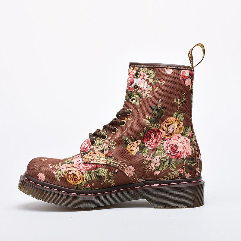 Spring Floral Round Head Canvas Boots 2024 April New Arrival 35 Brown 
