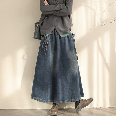Spring Minimalist Casual A-Line Cotton Denim Skirt Jan 2024 New Arrival L Blue 