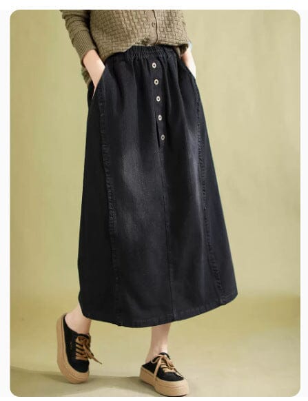 Spring Minimalist Casual Split Denim Skirt Jan 2024 New Arrival Black L 