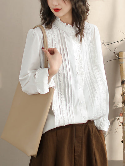 Spring Minimalist Lace Ruffle Cotton Casual Blouse