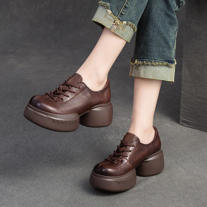 Spring Minimalist Retro Solid Leather Platform Casual Shoes