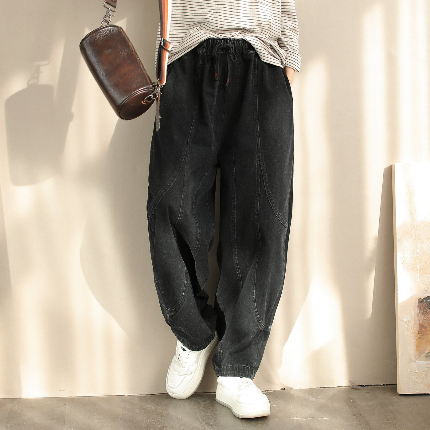 Spring Minimalist Solid Loose Casual Cotton Harem Pants Jan 2024 New Arrival One Size Black 