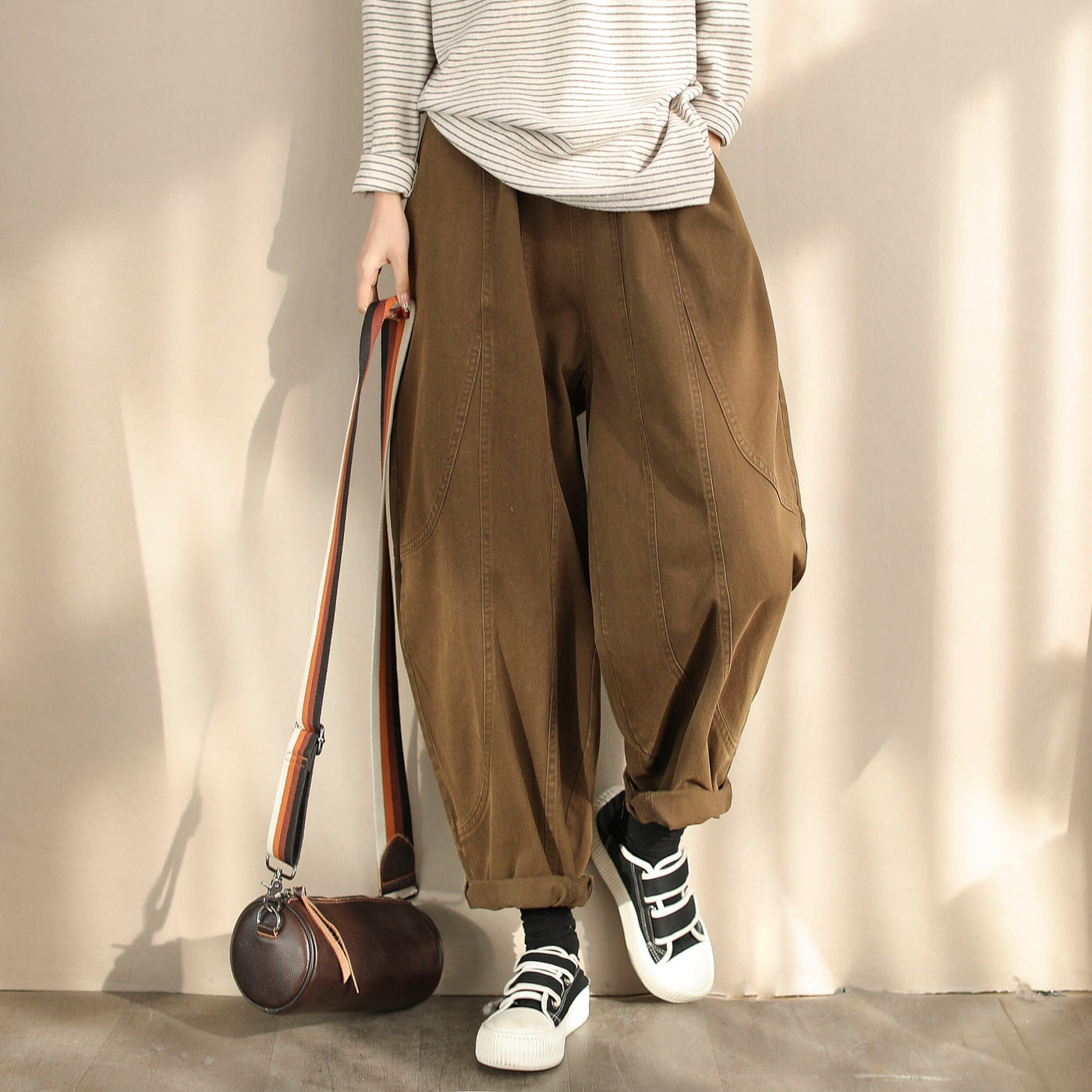 Spring Minimalist Solid Loose Casual Cotton Harem Pants Jan 2024 New Arrival One Size Coffee 