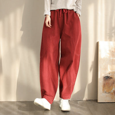 Spring Minimalist Solid Loose Casual Cotton Harem Pants Jan 2024 New Arrival One Size Red 