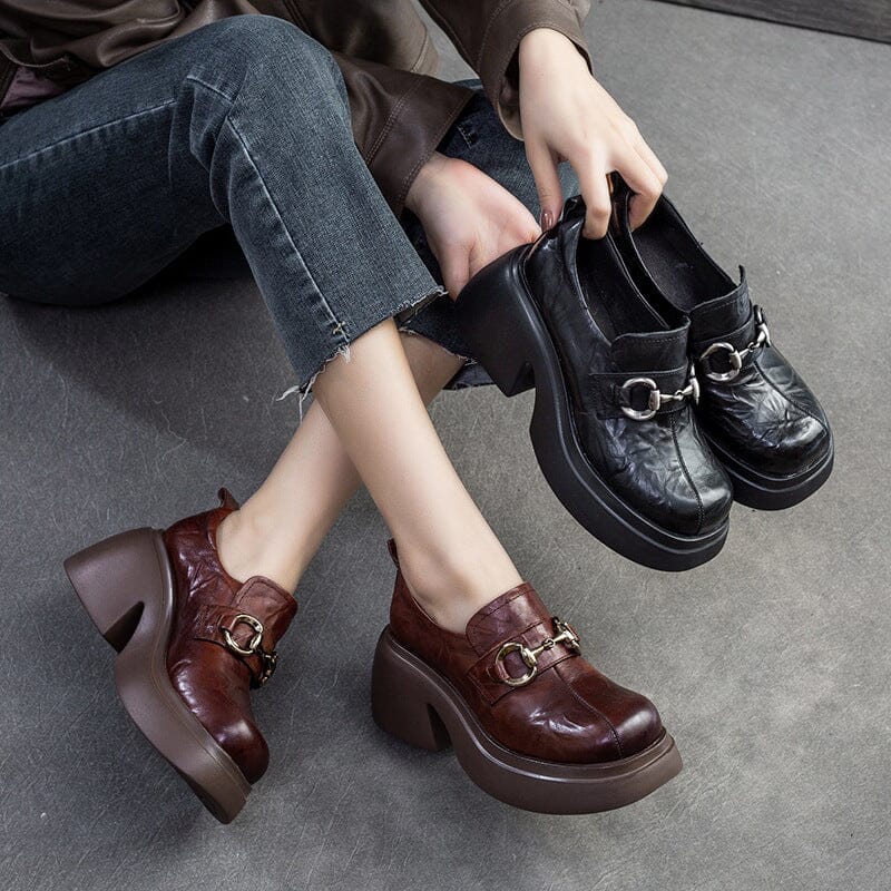 Spring Pleated Leather Retro Chunky Heel Casual Shoes