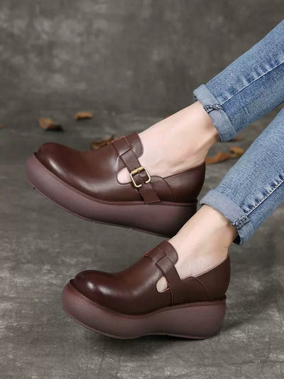 Spring Retro Casual Leather Round Head Wedge Shoes