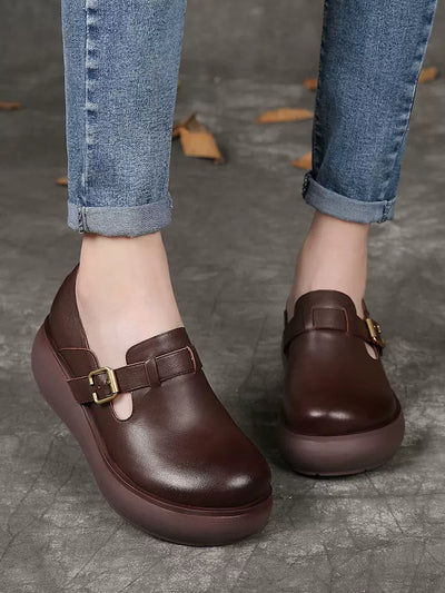 Spring Retro Casual Leather Round Head Wedge Shoes
