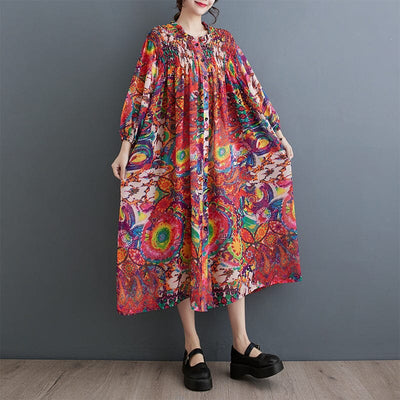 Spring Retro Floral Loose Chiffon Dress Jan 2024 New Arrival Red One Size 