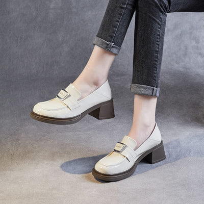 Spring Retro Leather Chunky Heel Loafers