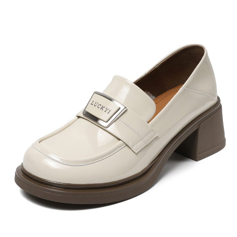Spring Retro Leather Chunky Heel Loafers Jan 2024 New Arrival Beige 35 