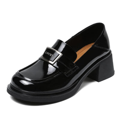 Spring Retro Leather Chunky Heel Loafers Jan 2024 New Arrival Black 35 