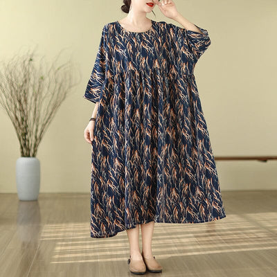 Spring Retro Loose Casual Dress Plus Size Jan 2024 New Arrival Navy One Size 