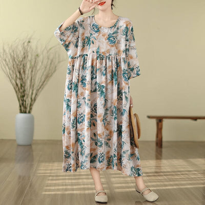 Spring Retro Loose Plus Size Floral Dress Jan 2024 New Arrival Apricot One Size 