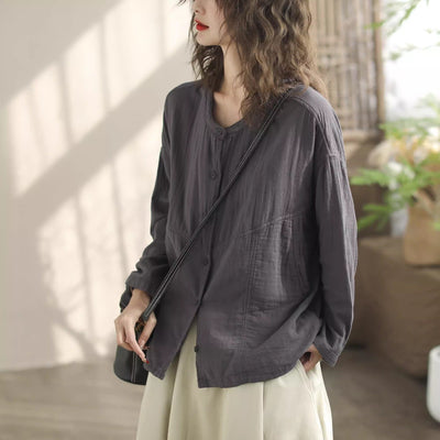 Spring Retro Minimalist Cotton Loose Blouse Jan 2024 New Arrival Gray One Size 