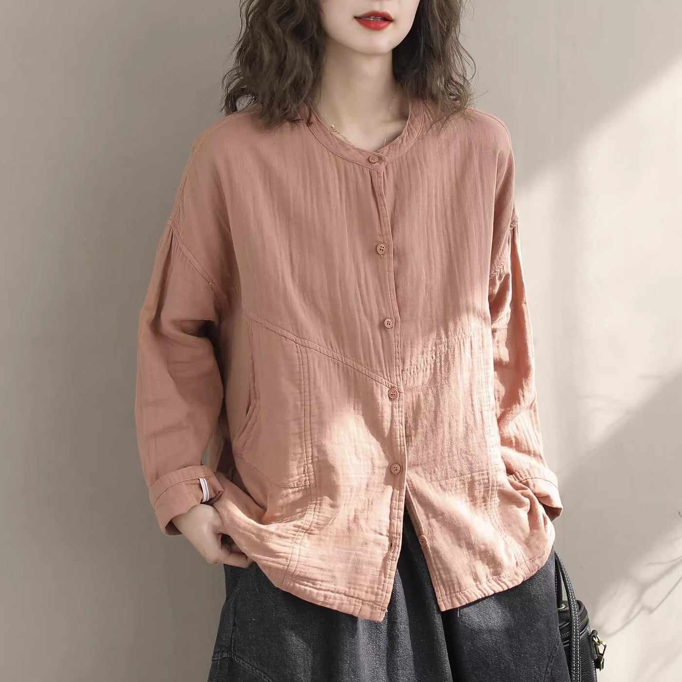 Spring Retro Minimalist Cotton Loose Blouse Jan 2024 New Arrival Pink One Size 