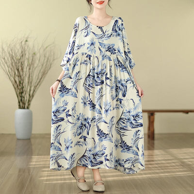 Spring Retro Print Casual Loose Dress Plus Size Jan 2024 New Arrival Blue One Size 