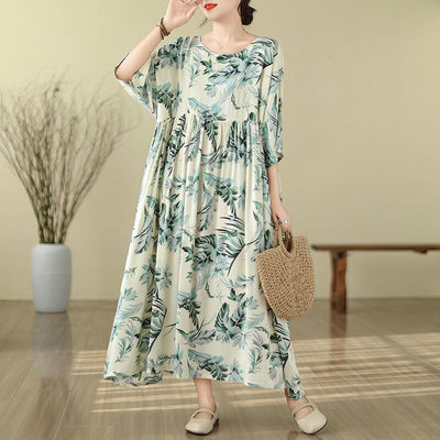 Spring Retro Print Casual Loose Dress Plus Size Jan 2024 New Arrival Green One Size 
