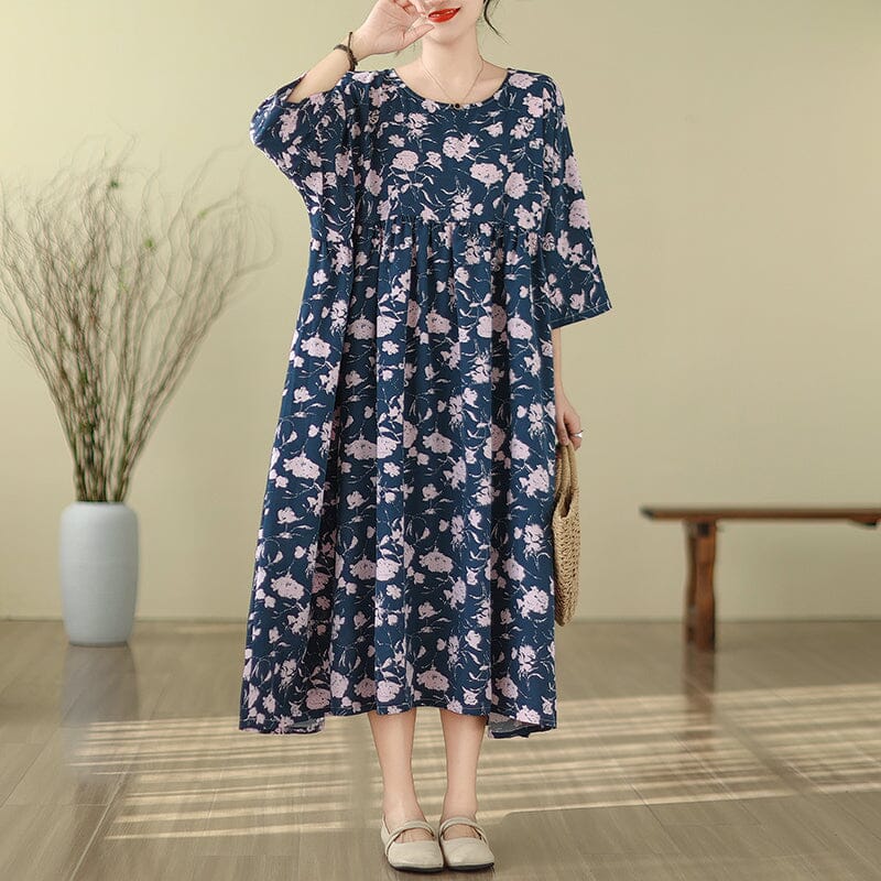 Spring Retro Print Loose Casual A-line Dress Jan 2024 New Arrival Navy One Size 