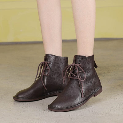 Spring Retro Solid Soft Leather Flat Ankle Boots