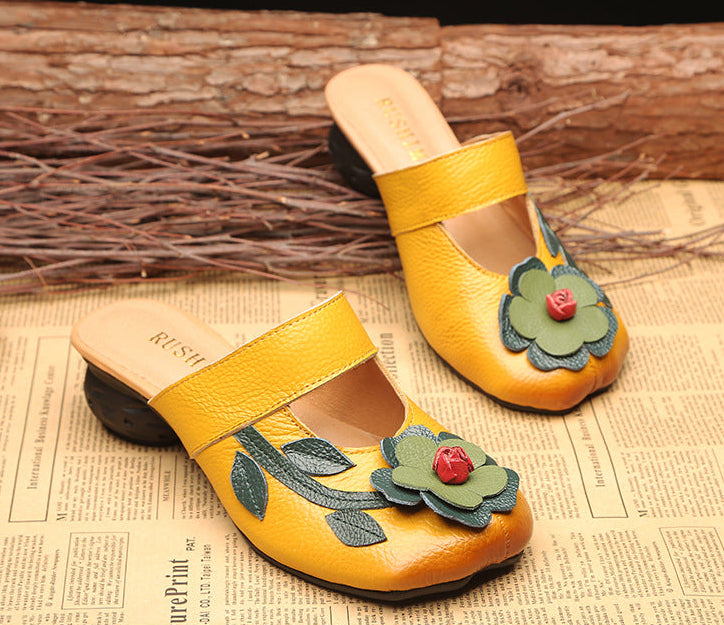 Spring Summer Ethnic Style Retro Flowers Low Heeled Slippers