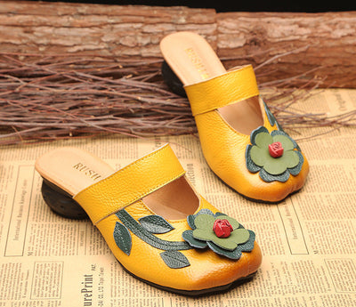 Spring Summer Ethnic Style Retro Flowers Low Heeled Slippers
