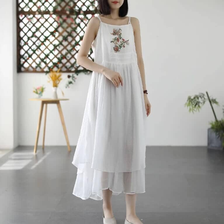 Spring & Summer Retro Embroidered Double- Layer Slip Dress