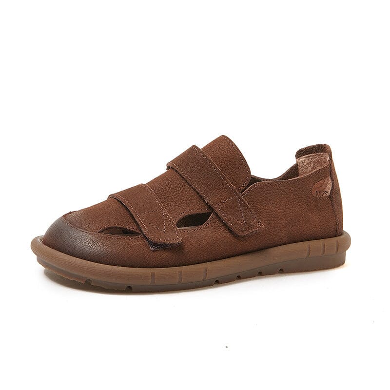 Spring Summer Retro Leather Flat Velcro Casual Sandals Jan 2024 New Arrival Coffee 35 