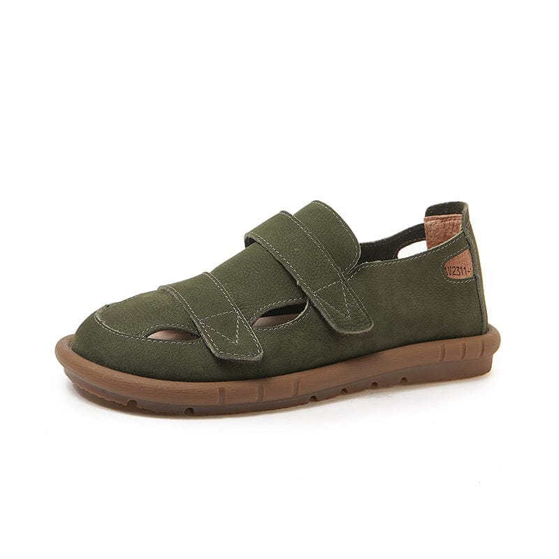 Spring Summer Retro Leather Flat Velcro Casual Sandals Jan 2024 New Arrival Dark Green 35 