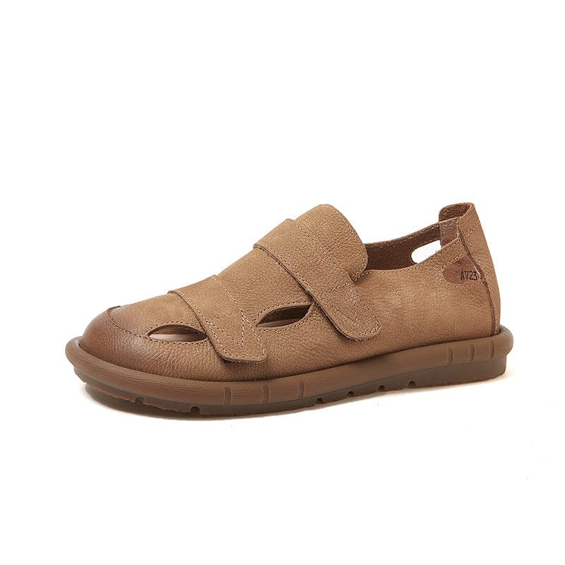 Spring Summer Retro Leather Flat Velcro Casual Sandals Jan 2024 New Arrival Khaki 35 