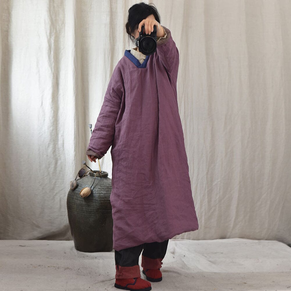 Spring Winter Solid Minimalist Quilted Linen Dress