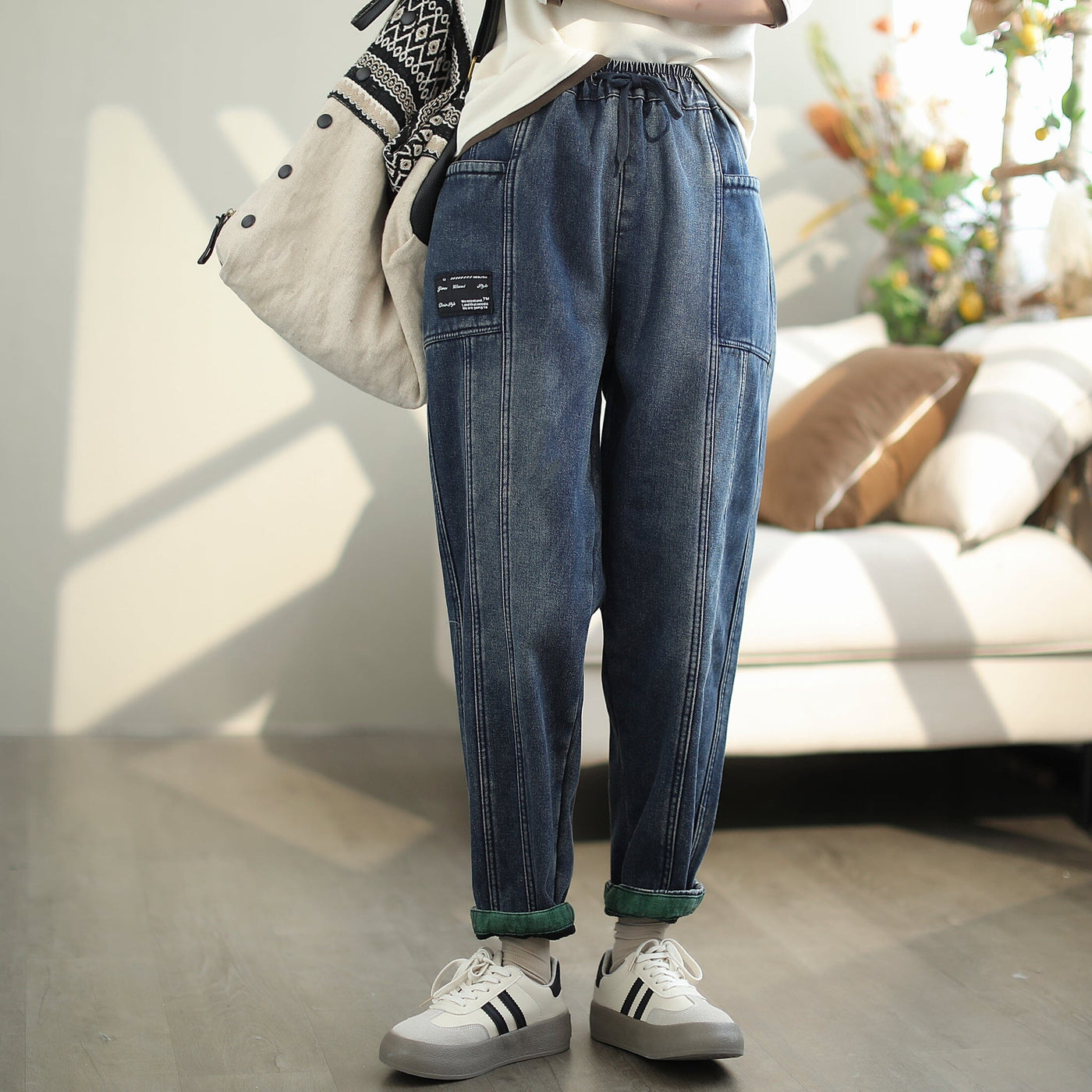 Winter Casual Fashion Patchwork Furred Jeans Nov 2023 New Arrival M Blue 
