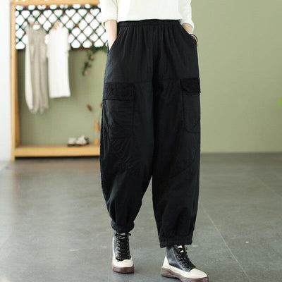 Winter Casual Minimalist Loose Cotton Quilted Pants Nov 2023 New Arrival Black M 