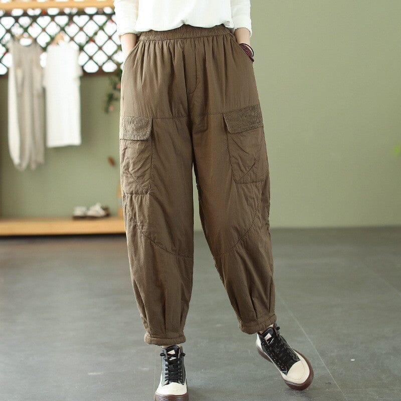 Winter Casual Minimalist Loose Cotton Quilted Pants Nov 2023 New Arrival Coffee M 
