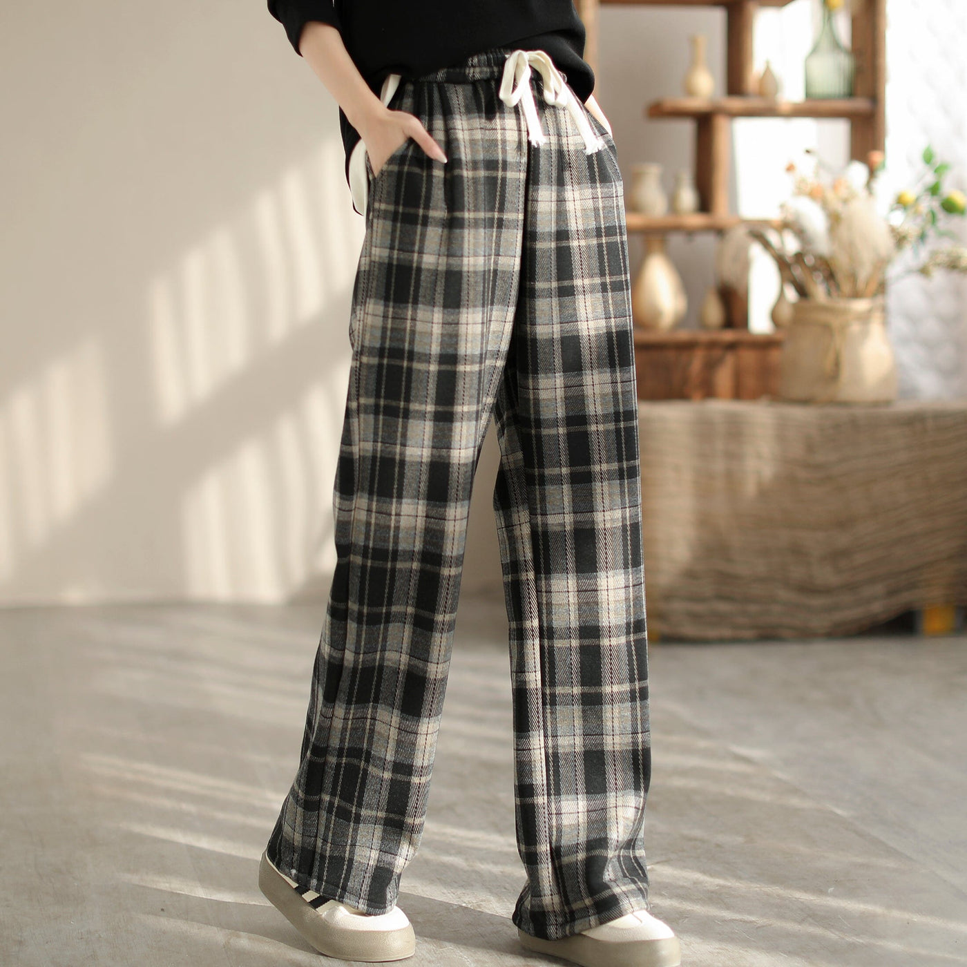 Winter Casual Plaid Cotton Furred Loose Pants