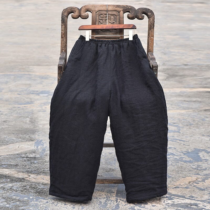 Winter Cotton Quilted Retro Loose Linen Pants Nov 2023 New Arrival Black One Size 