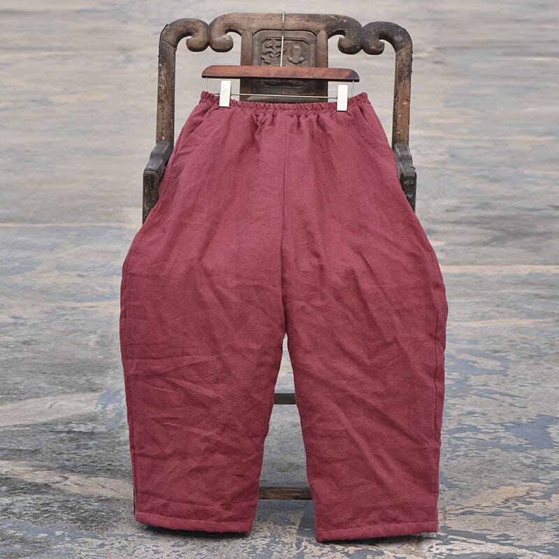 Winter Cotton Quilted Retro Loose Linen Pants Nov 2023 New Arrival Red One Size 