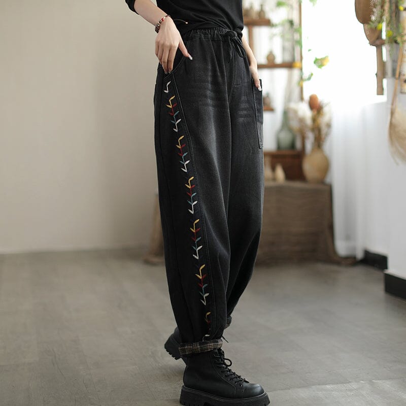 Winter Fashion Embroidery Furred Casual Jeans