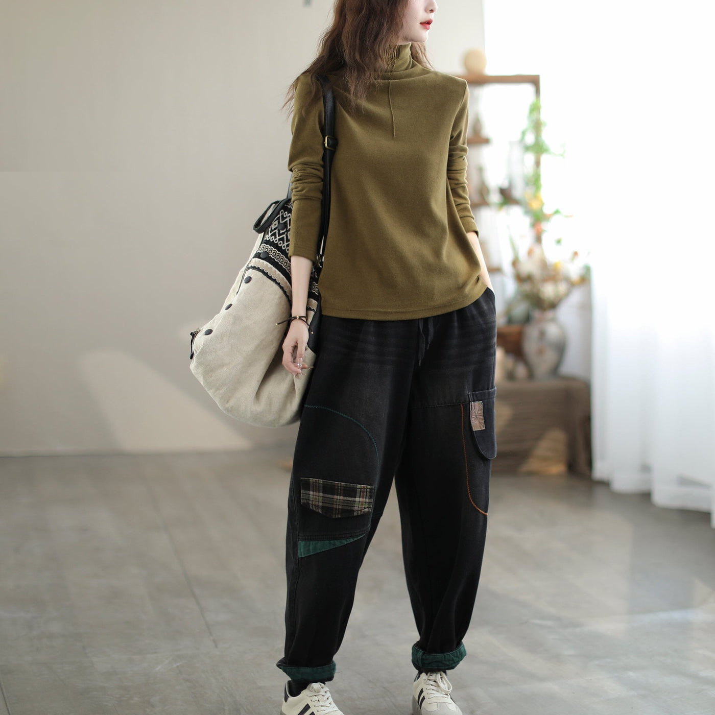 Winter Furred Loose Patchwork Cotton Jeans