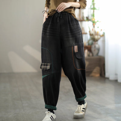 Winter Furred Loose Patchwork Cotton Jeans