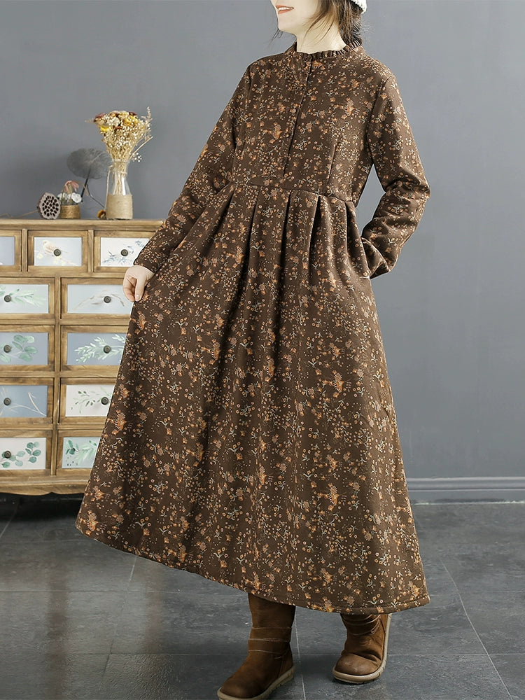 Winter Furred Retro Loose Floral Cotton Linen Dress Nov 2023 New Arrival 