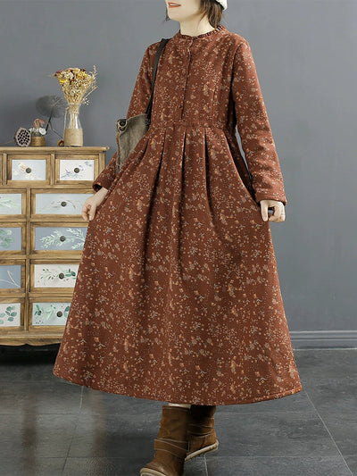 Winter Furred Retro Loose Floral Cotton Linen Dress Nov 2023 New Arrival 