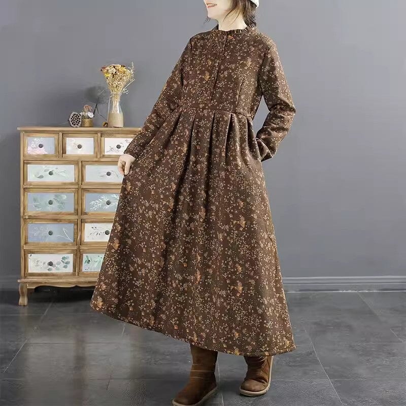 Winter Furred Retro Loose Floral Cotton Linen Dress Nov 2023 New Arrival Coffee M 