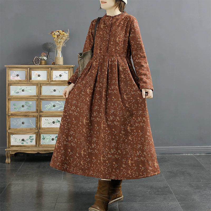 Winter Furred Retro Loose Floral Cotton Linen Dress Nov 2023 New Arrival Orange M 