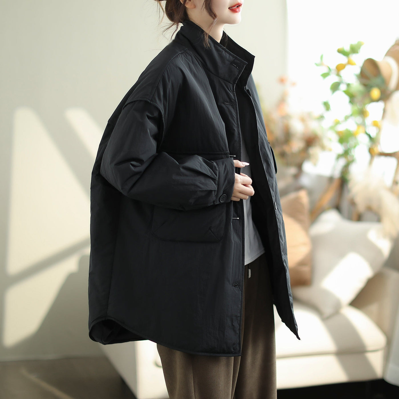 Winter Loose Casual Minimalist Cotton Quilted Coat Oct 2023 New Arrival M Black 